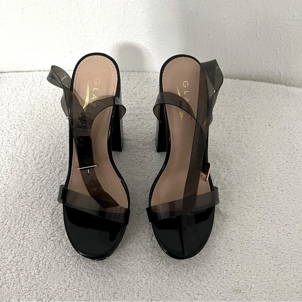 GLAZE Black Platform 5” High Block Heel Ankle Strap Lug Soles Sandals Size 6 NIB